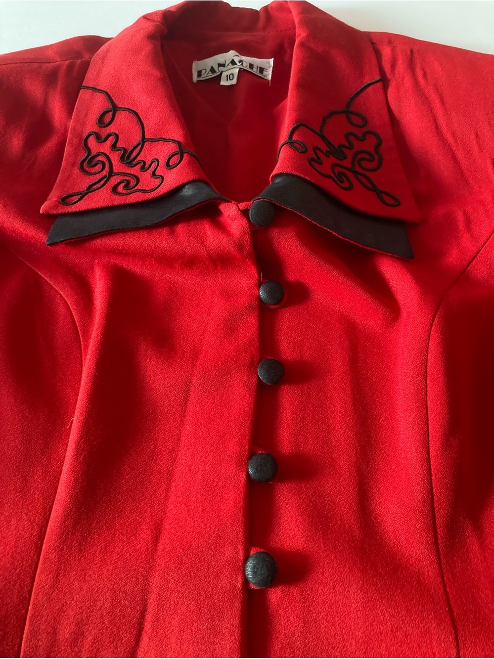 Vintage SZ 10  Red Blazer with Black Trim and Embroidered Collar